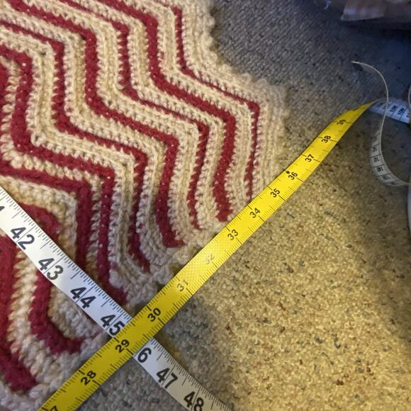 Vintage Hand Knit Crochet Blanket Throw Afghan 38x45” Red Gray Chevron Cottage - Picture 2 of 5